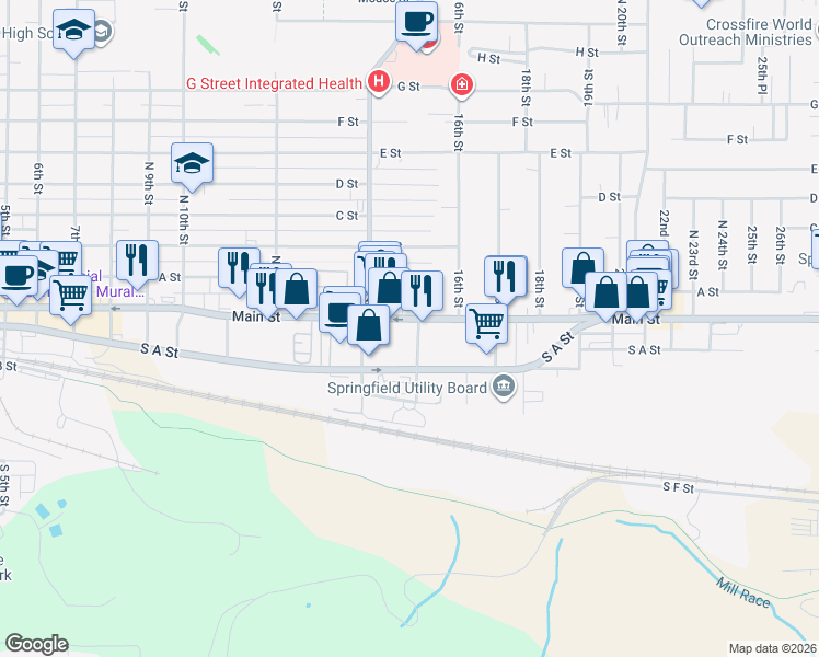 map of restaurants, bars, coffee shops, grocery stores, and more near 1526 Main Street in Springfield