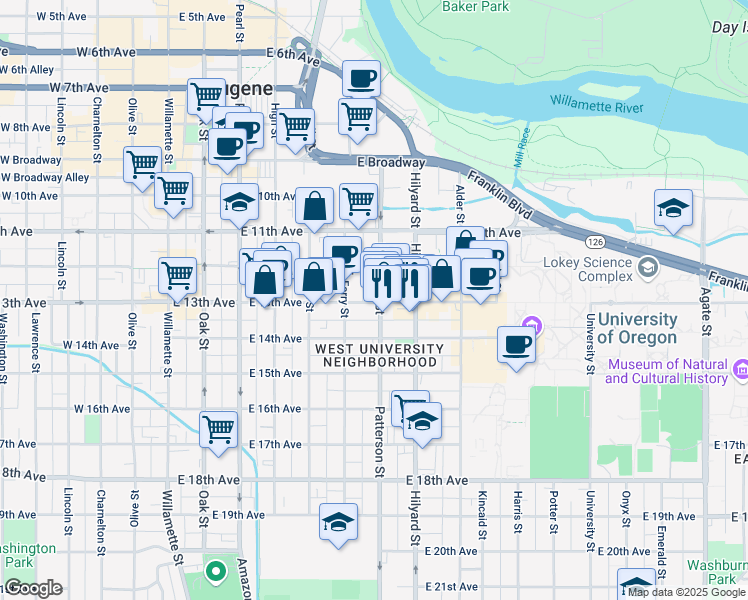 map of restaurants, bars, coffee shops, grocery stores, and more near 1255 Patterson Alley in Eugene