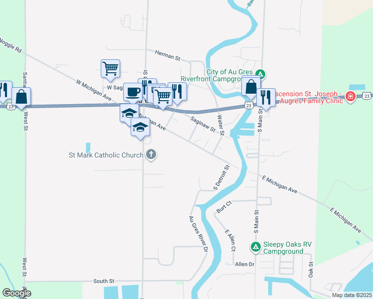 map of restaurants, bars, coffee shops, grocery stores, and more near 200 East Michigan Avenue in Au Gres