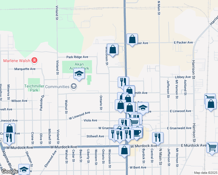 map of restaurants, bars, coffee shops, grocery stores, and more near 2344 Wisconsin Street in Oshkosh