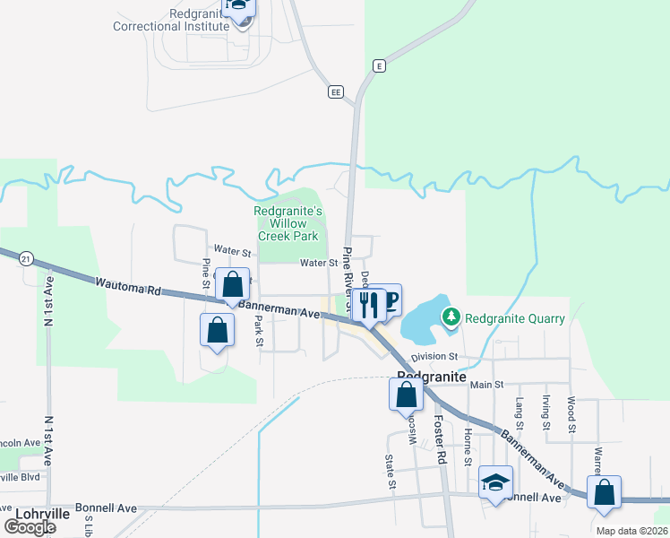 map of restaurants, bars, coffee shops, grocery stores, and more near 304 Pine River Street in Redgranite