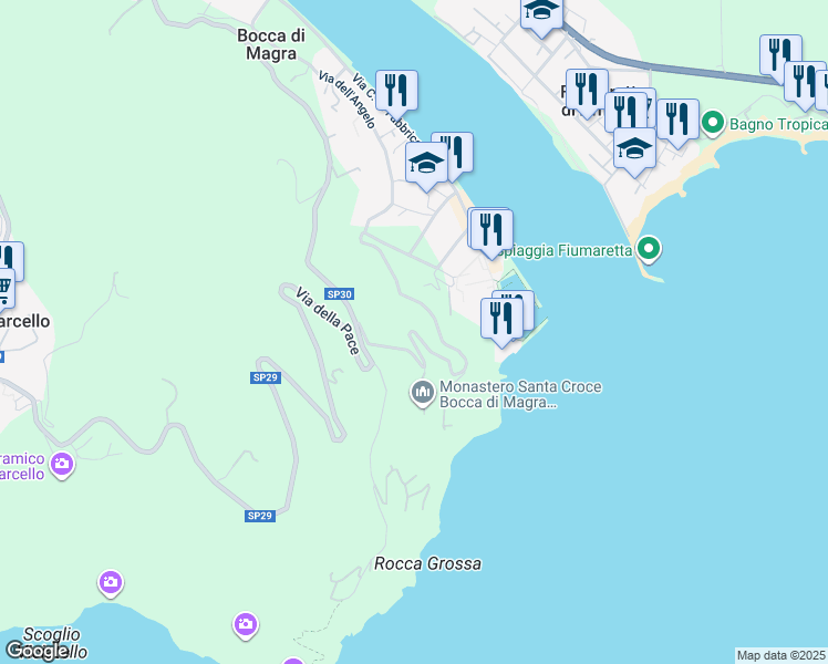 map of restaurants, bars, coffee shops, grocery stores, and more near Via Santa Croce in Bocca di Magra