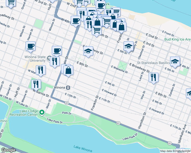 map of restaurants, bars, coffee shops, grocery stores, and more near 184 East 9th Street in Winona