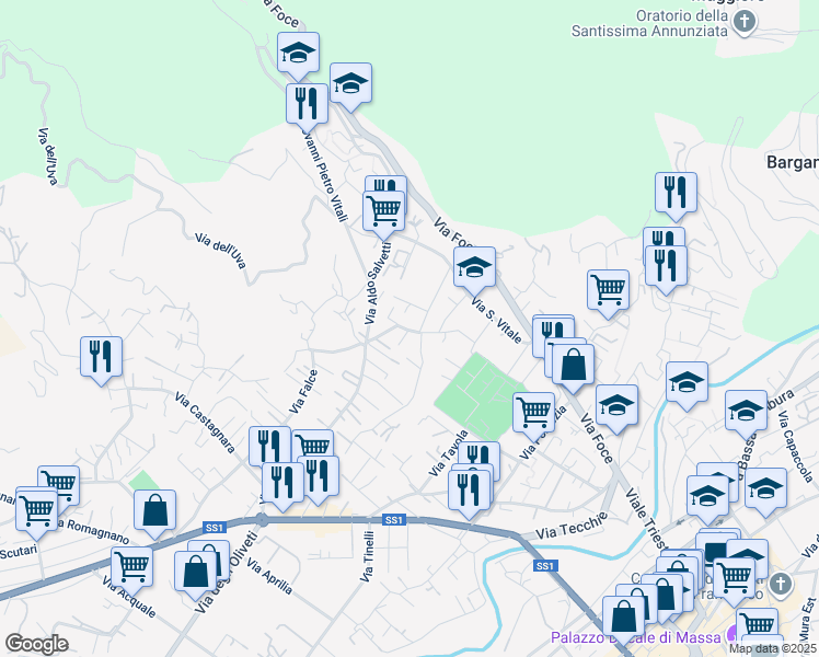 map of restaurants, bars, coffee shops, grocery stores, and more near 11 Via della Sala in Massa