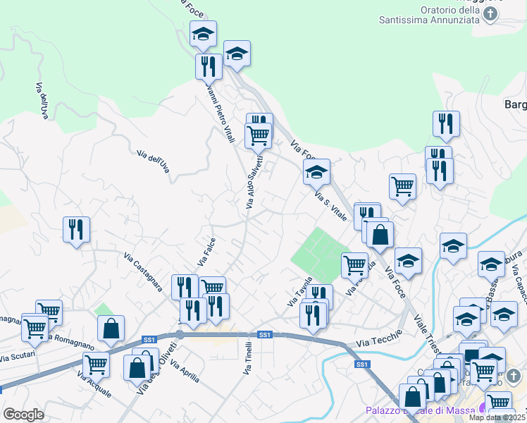 map of restaurants, bars, coffee shops, grocery stores, and more near 11 Via della Sala in Massa