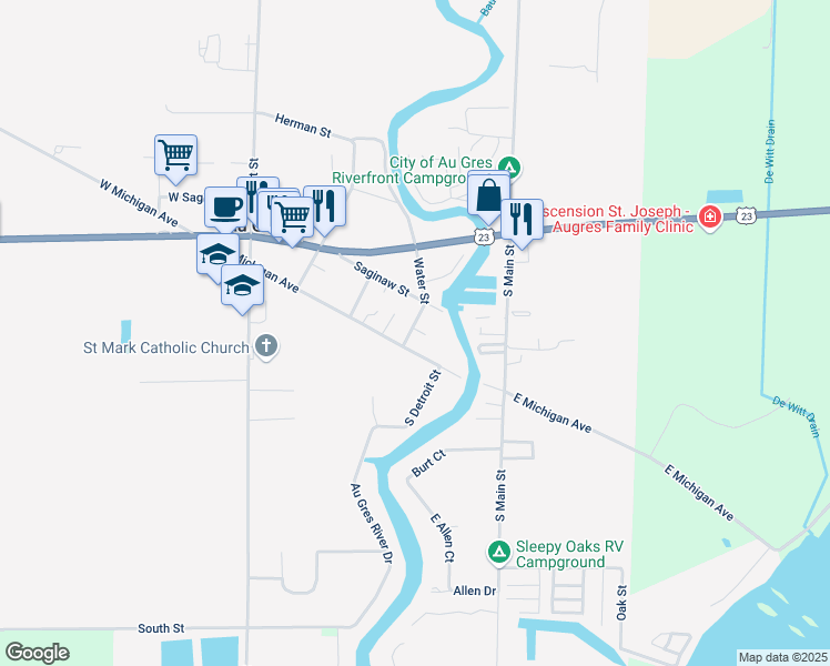 map of restaurants, bars, coffee shops, grocery stores, and more near 311 Water Street in Au Gres