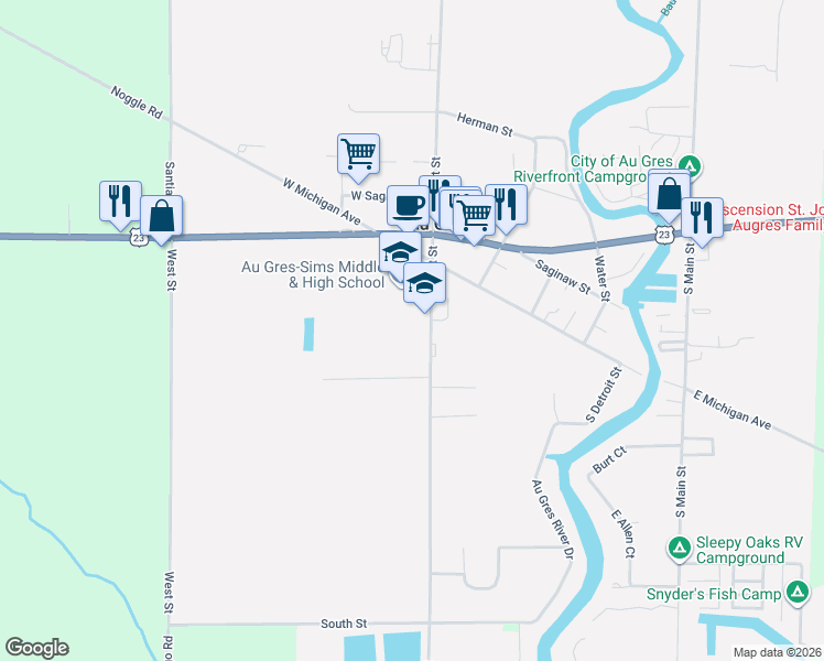 map of restaurants, bars, coffee shops, grocery stores, and more near 310 South Court Street in Au Gres