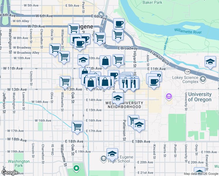 map of restaurants, bars, coffee shops, grocery stores, and more near 1250 Ferry Street in Eugene