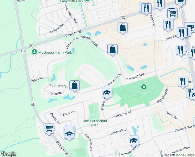 map of restaurants, bars, coffee shops, grocery stores, and more near 286 Kirby Crescent in Newmarket