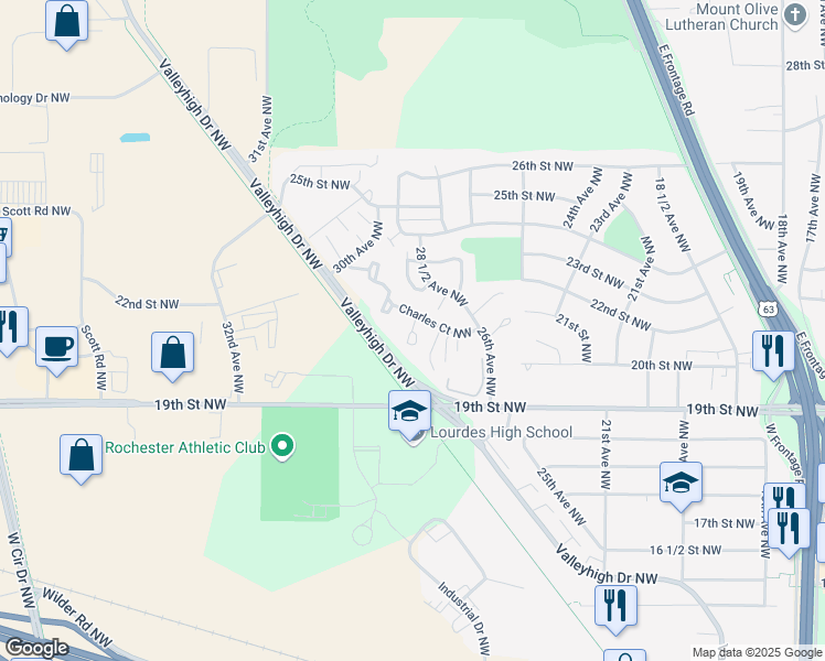map of restaurants, bars, coffee shops, grocery stores, and more near 2654 Charles Court Northwest in Rochester