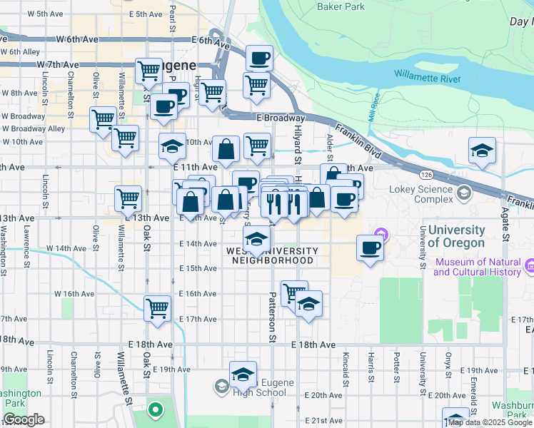 map of restaurants, bars, coffee shops, grocery stores, and more near 1255 Patterson Alley in Eugene