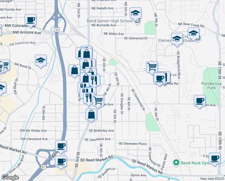 map of restaurants, bars, coffee shops, grocery stores, and more near 417 Southeast Edgewater Lane in Bend