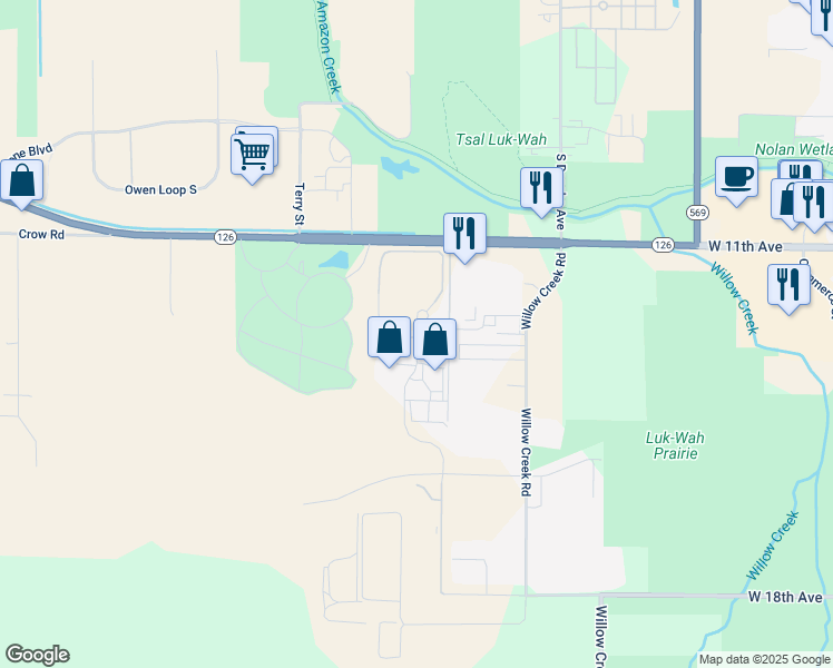 map of restaurants, bars, coffee shops, grocery stores, and more near 1325 Westec Drive in Eugene
