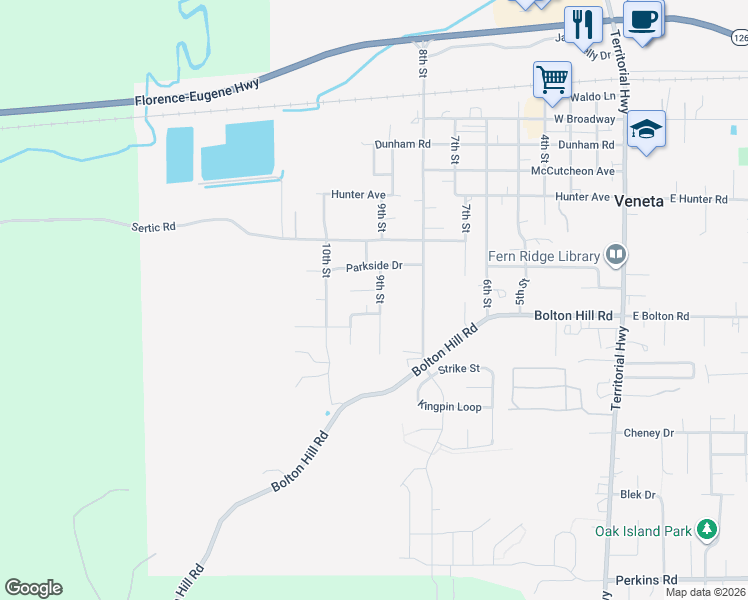 map of restaurants, bars, coffee shops, grocery stores, and more near 24767 Dawn Court in Veneta