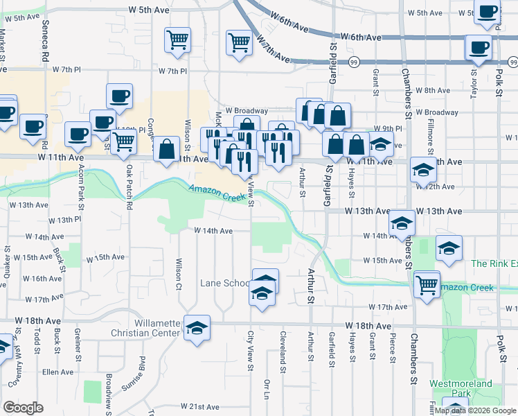 map of restaurants, bars, coffee shops, grocery stores, and more near 1285 City View Street in Eugene