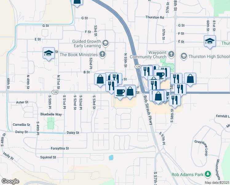 map of restaurants, bars, coffee shops, grocery stores, and more near 101 South 54th Street in Springfield