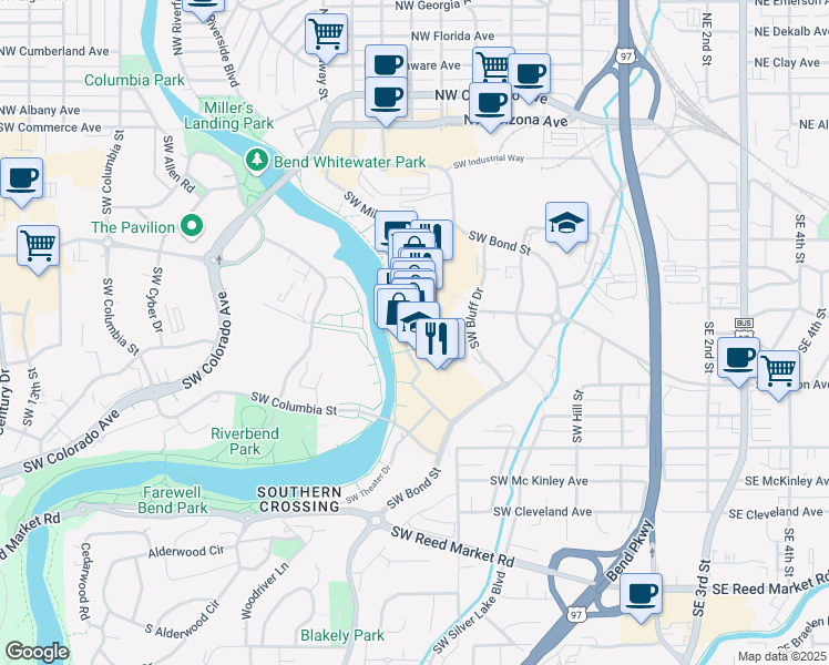map of restaurants, bars, coffee shops, grocery stores, and more near 409 Southwest Powerhouse Drive in Bend