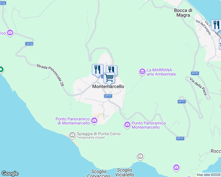map of restaurants, bars, coffee shops, grocery stores, and more near in Montemarcello