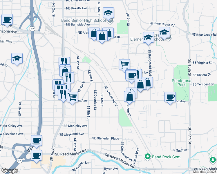 map of restaurants, bars, coffee shops, grocery stores, and more near 619 Southeast Woodland Boulevard in Bend