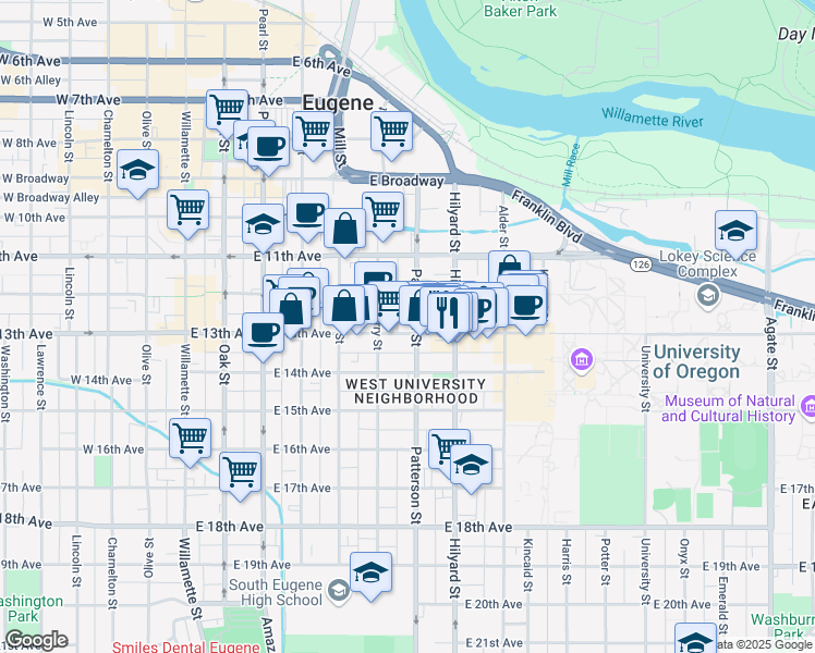 map of restaurants, bars, coffee shops, grocery stores, and more near 1255 Patterson Alley in Eugene