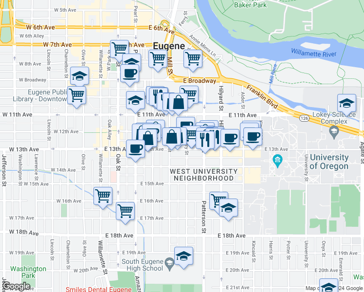 map of restaurants, bars, coffee shops, grocery stores, and more near 1250 Ferry Street in Eugene
