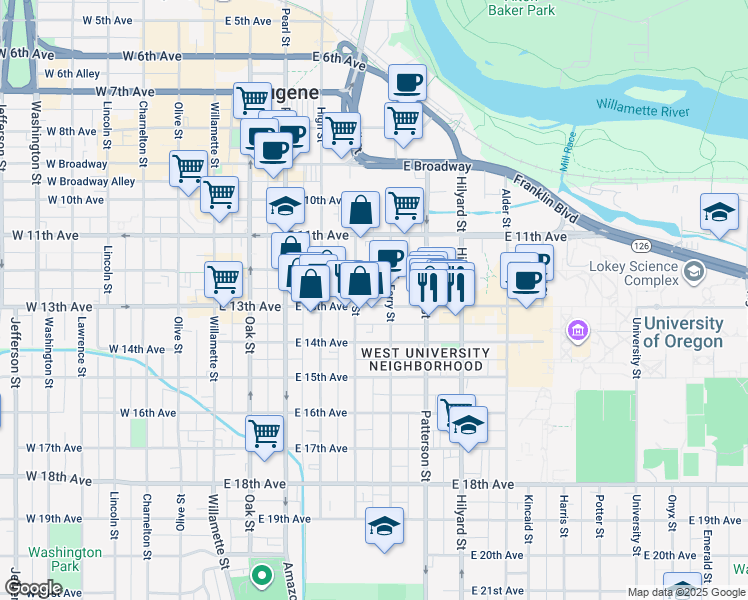 map of restaurants, bars, coffee shops, grocery stores, and more near 1250 Ferry Street in Eugene