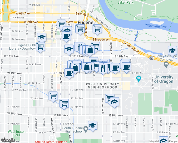 map of restaurants, bars, coffee shops, grocery stores, and more near 1250 Ferry Street in Eugene