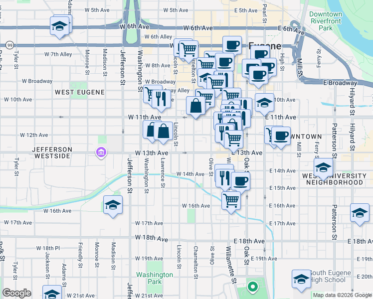 map of restaurants, bars, coffee shops, grocery stores, and more near 1260 Charnelton Street in Eugene
