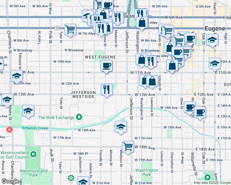 map of restaurants, bars, coffee shops, grocery stores, and more near 689 West 13th Avenue in Eugene