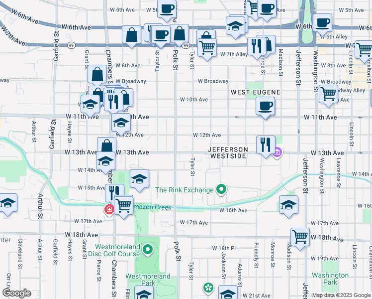 map of restaurants, bars, coffee shops, grocery stores, and more near 1263 Tyler Street in Eugene