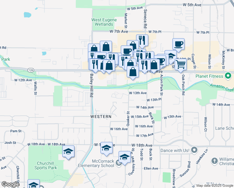 map of restaurants, bars, coffee shops, grocery stores, and more near 1300 Quaker Street in Eugene