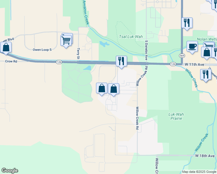 map of restaurants, bars, coffee shops, grocery stores, and more near 1455 Westec Drive in Eugene