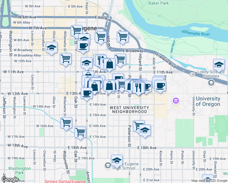 map of restaurants, bars, coffee shops, grocery stores, and more near 455 East 13th Avenue in Eugene