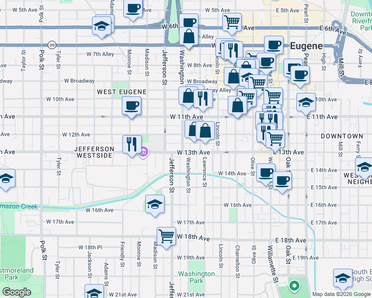 map of restaurants, bars, coffee shops, grocery stores, and more near 1258 Washington Street in Eugene