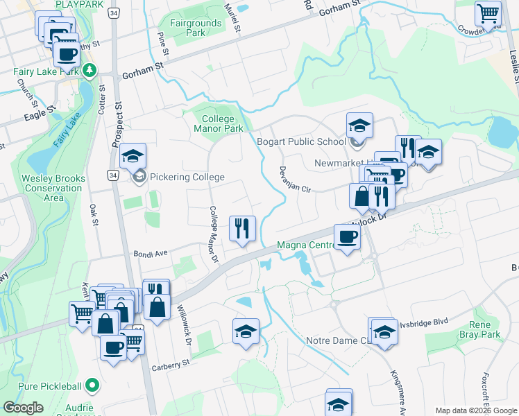map of restaurants, bars, coffee shops, grocery stores, and more near 592 Dutch Elliott Court in Newmarket
