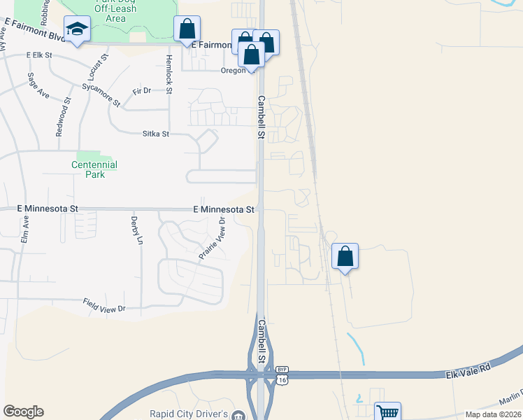 map of restaurants, bars, coffee shops, grocery stores, and more near 3980 Cambell Street in Rapid City