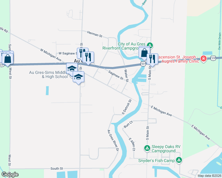 map of restaurants, bars, coffee shops, grocery stores, and more near 313 East Michigan Avenue in Au Gres