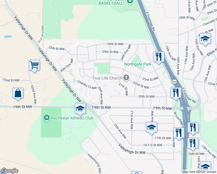 map of restaurants, bars, coffee shops, grocery stores, and more near 2418 21st Street Northwest in Rochester