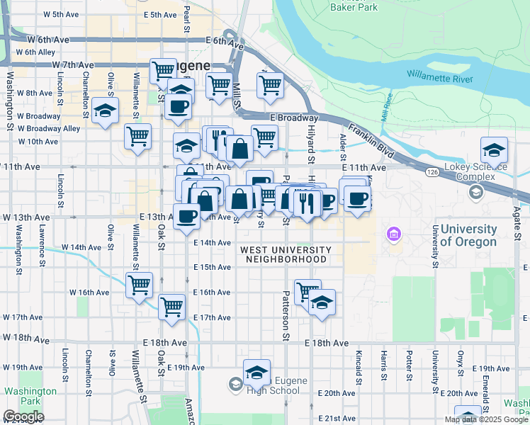 map of restaurants, bars, coffee shops, grocery stores, and more near 1250 Ferry Street in Eugene