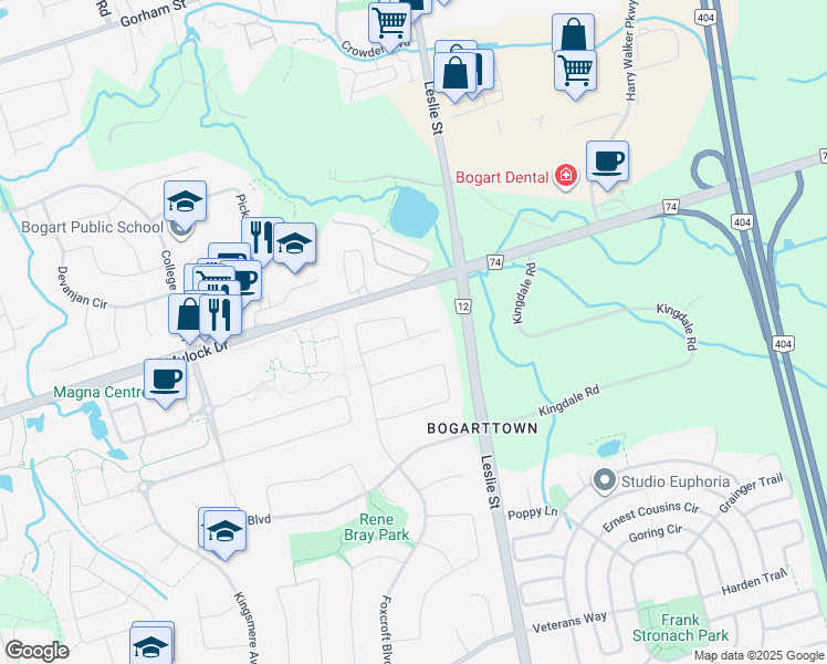 map of restaurants, bars, coffee shops, grocery stores, and more near 478 Foxcroft Boulevard in Newmarket