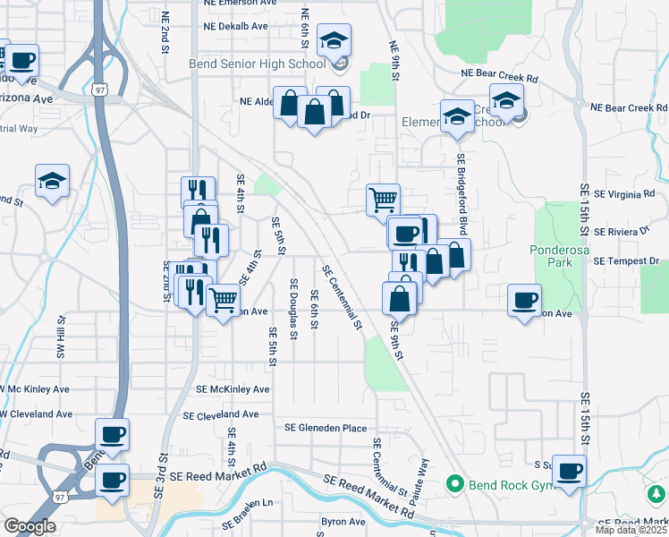 map of restaurants, bars, coffee shops, grocery stores, and more near 640 Southeast Centennial Street in Bend