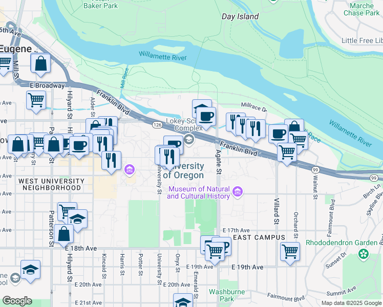 map of restaurants, bars, coffee shops, grocery stores, and more near 1425 East 13th Avenue in Eugene