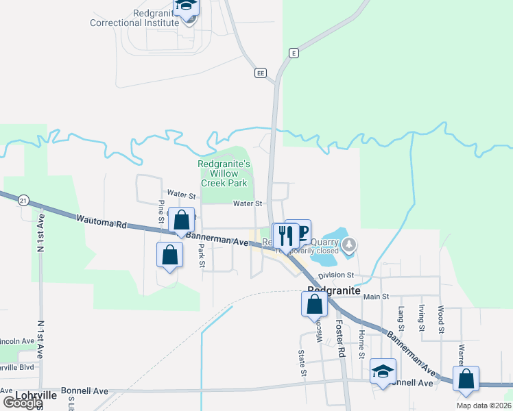 map of restaurants, bars, coffee shops, grocery stores, and more near 304 Pine River Street in Redgranite