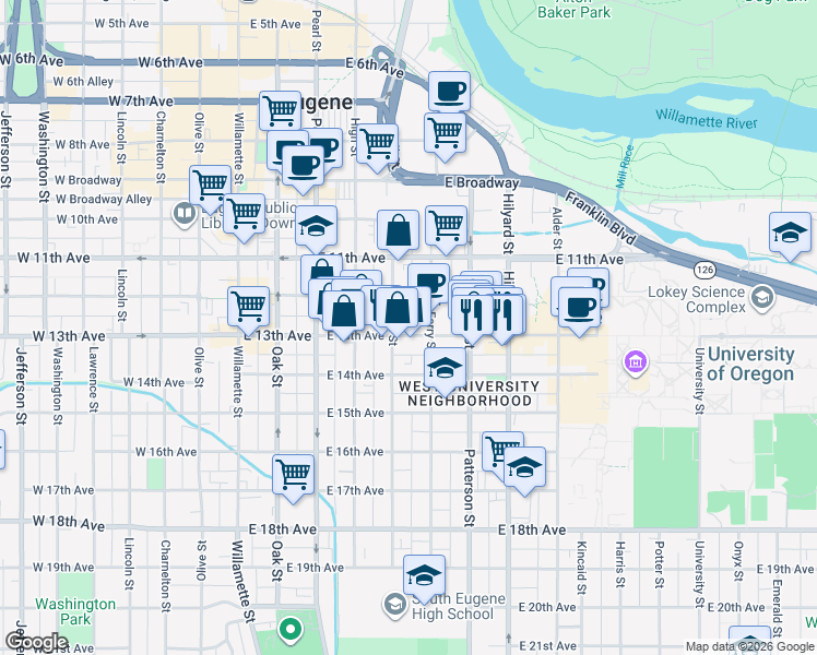 map of restaurants, bars, coffee shops, grocery stores, and more near 1250 Ferry Street in Eugene