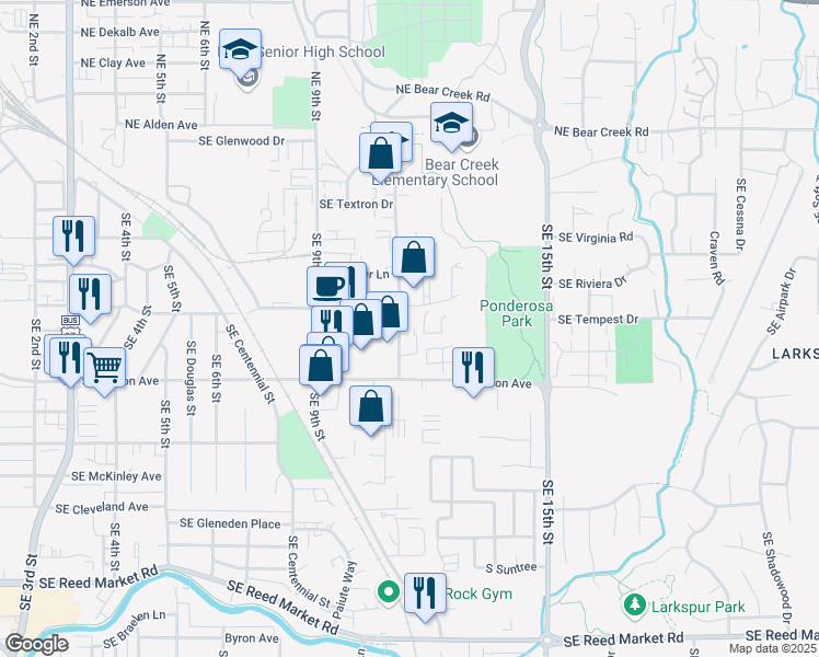 map of restaurants, bars, coffee shops, grocery stores, and more near 1303 SE Armour Rd in Bend