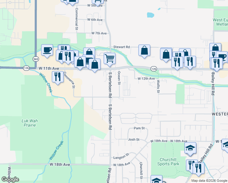 map of restaurants, bars, coffee shops, grocery stores, and more near 1205 South Bertelsen Road in Eugene