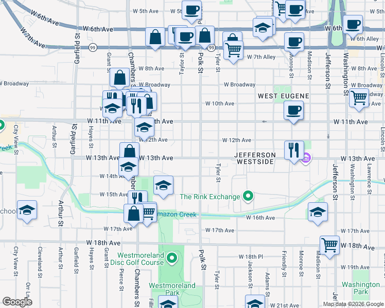 map of restaurants, bars, coffee shops, grocery stores, and more near 1343 West 13th Avenue in Eugene