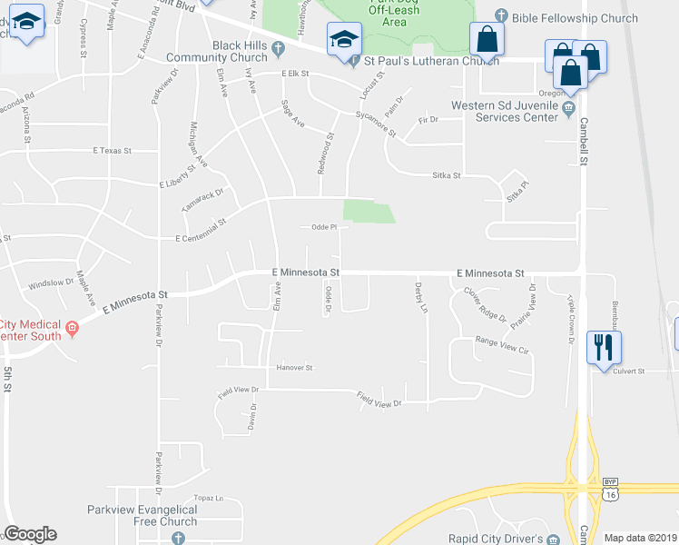 map of restaurants, bars, coffee shops, grocery stores, and more near 895 East Minnesota Street in Rapid City