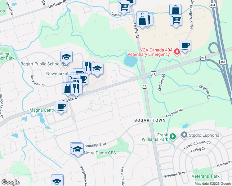 map of restaurants, bars, coffee shops, grocery stores, and more near 565 Foxcroft Boulevard in Newmarket