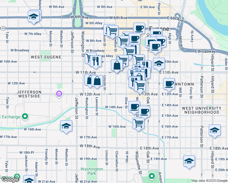 map of restaurants, bars, coffee shops, grocery stores, and more near 1260 Charnelton Street in Eugene